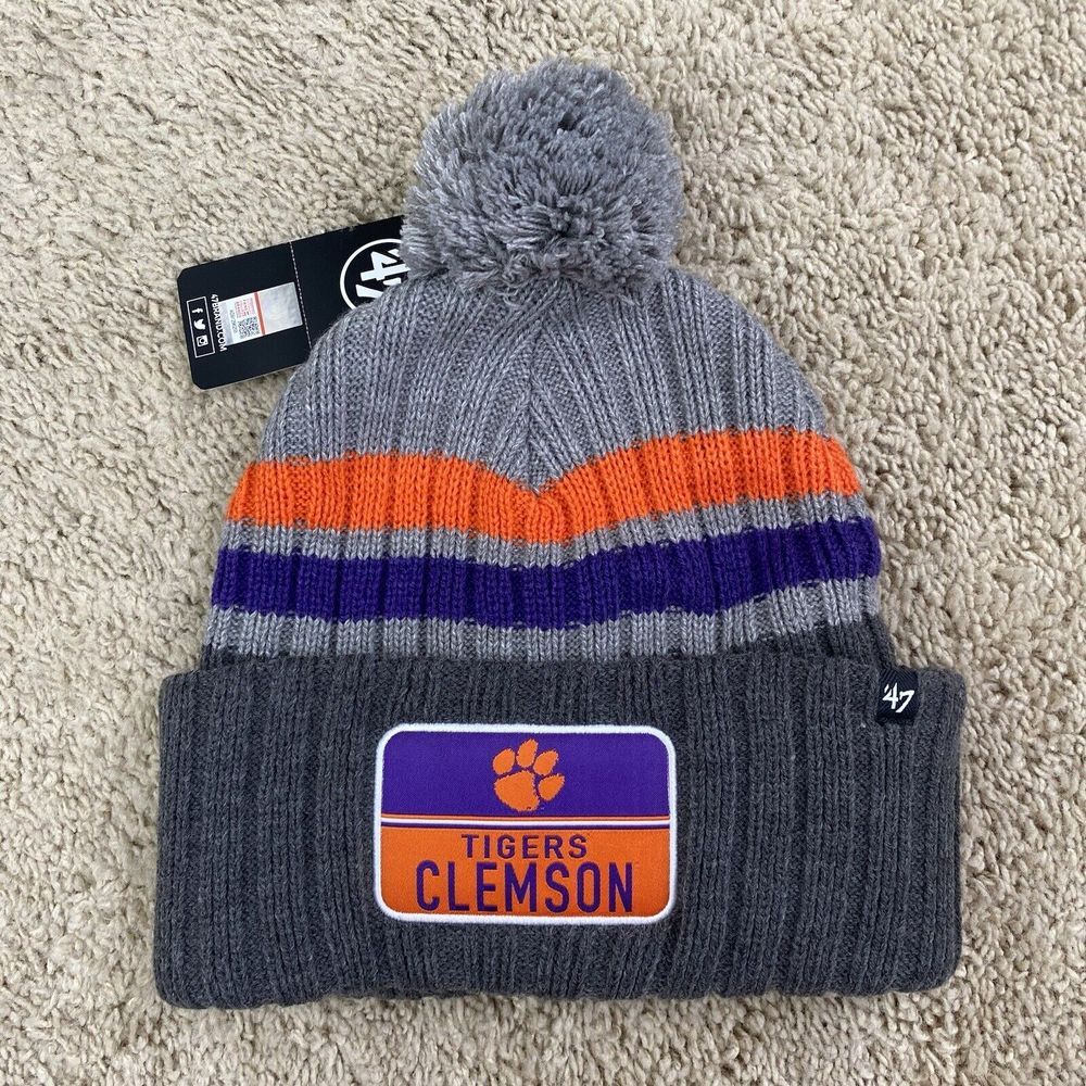 Clemson Tigers '47 Beanie Gray Stack‎ Striped Patch Pom Cuffed OSFM Knit Hat NWT